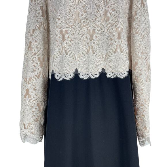 Tadashi Shoji Embroidered Lace Long Evening Gown Black Ivory Size 18 - Picture 6 of 12